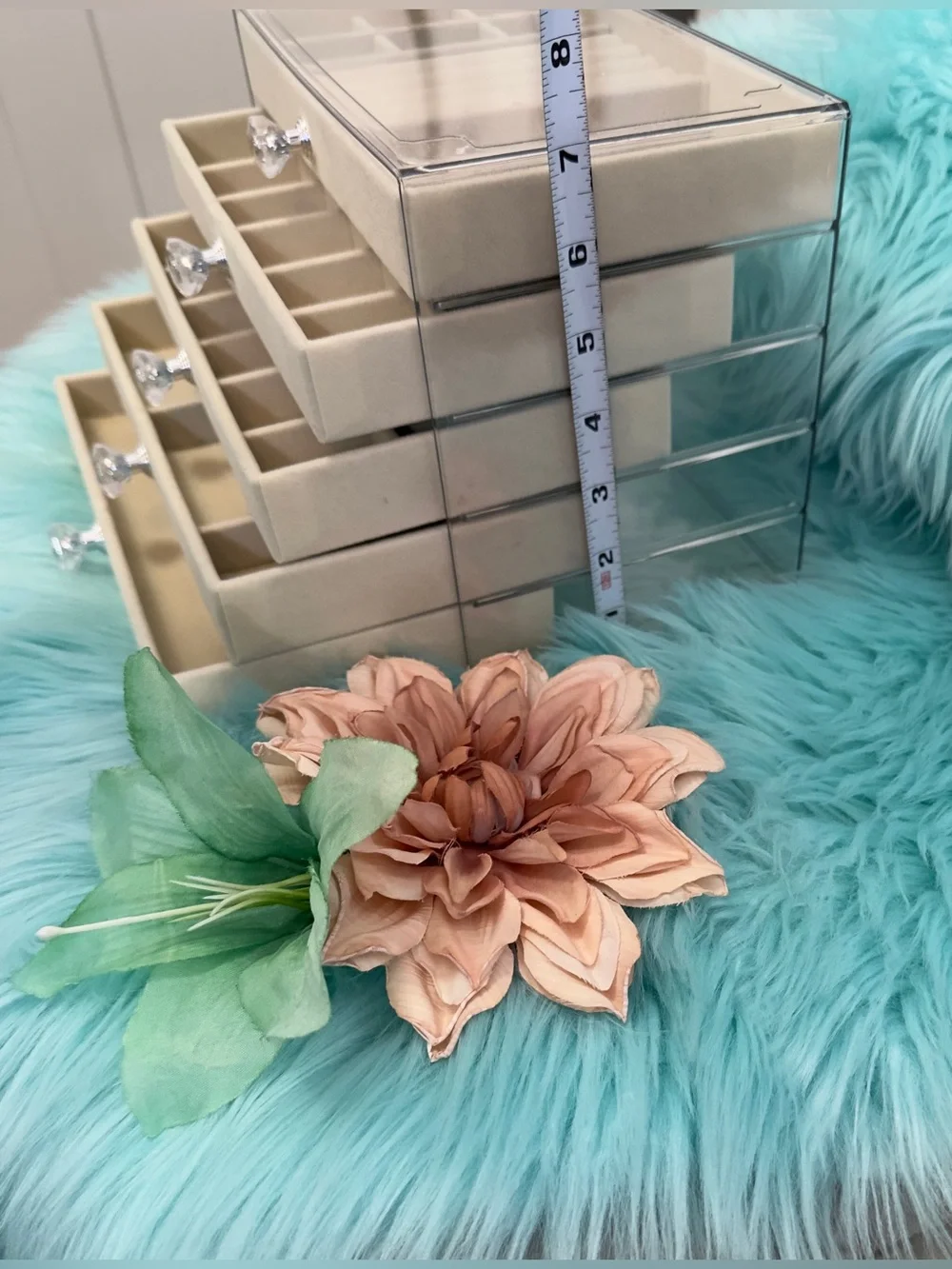Jewelry Organizer 5 Drawer Crystal Accent Knobs Cream Velvet Drawers NEW!